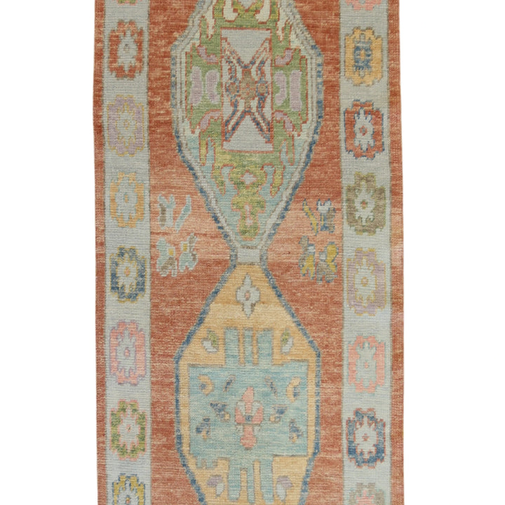3'3" x 12'8" SALMON AND BLUE OUSHAK GEOMETRIC TURKISH RUG