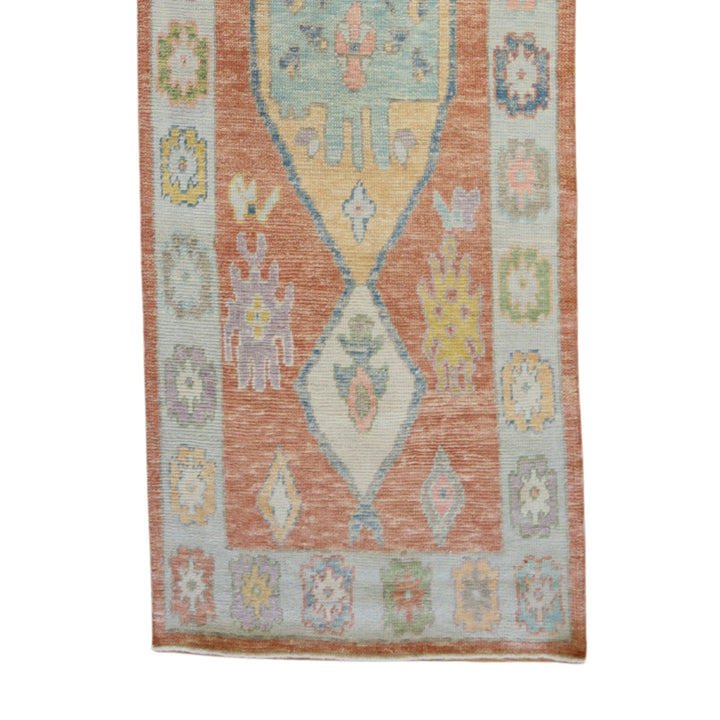 3'3" x 12'8" SALMON AND BLUE OUSHAK GEOMETRIC TURKISH RUG