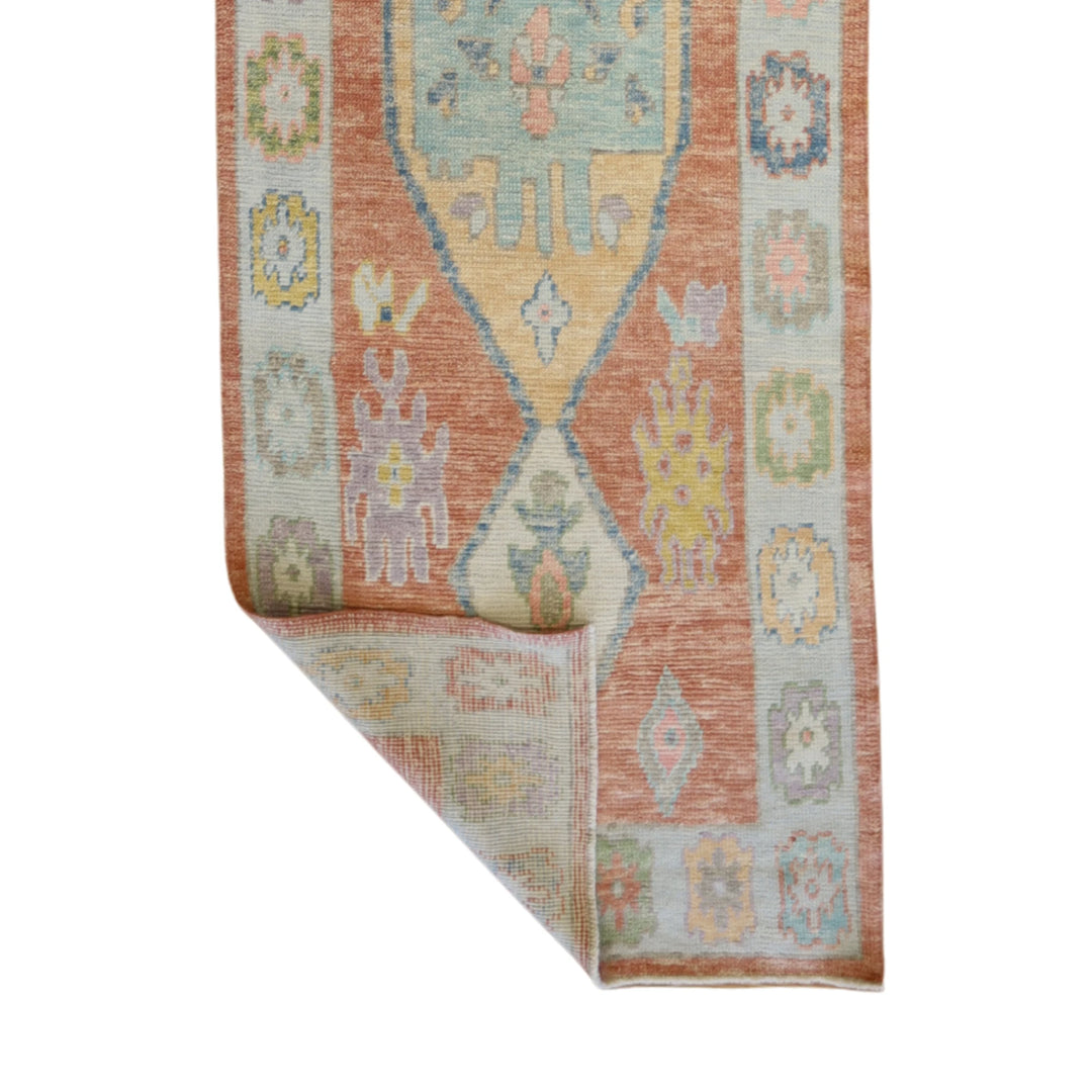 3'3" x 12'8" SALMON AND BLUE OUSHAK GEOMETRIC TURKISH RUG