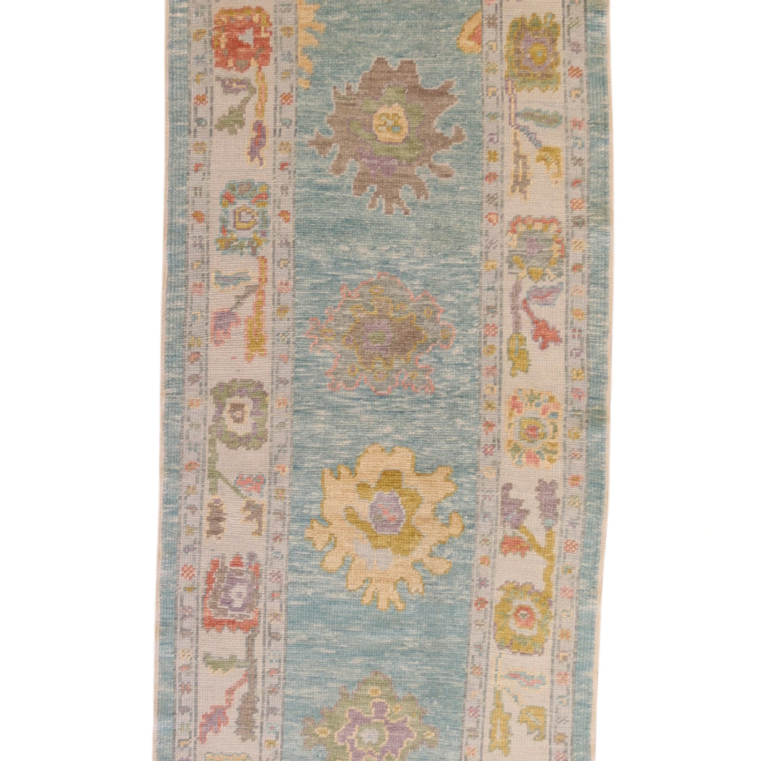 3'2" x 11'8" GREEN AND BLUE OUSHAK GEOMETRIC TURKISH RUG