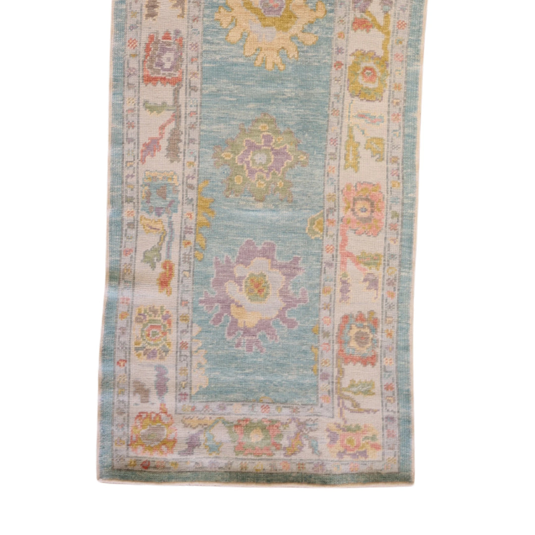 3'2" x 11'8" GREEN AND BLUE OUSHAK GEOMETRIC TURKISH RUG