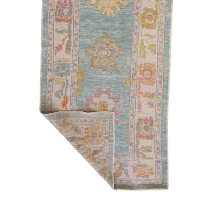 3'2" x 11'8" GREEN AND BLUE OUSHAK GEOMETRIC TURKISH RUG