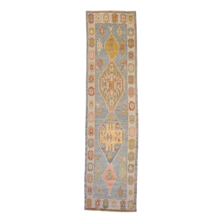 3'3" x 12'6" BLUE AND BLUE OUSHAK GEOMETRIC TURKISH RUG