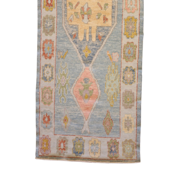 3'3" x 12'6" BLUE AND BLUE OUSHAK GEOMETRIC TURKISH RUG