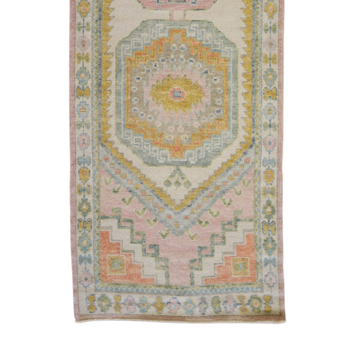 3'3" x 11'3" PINK AND BEIGE OUSHAK GEOMETRIC TURKISH RUG