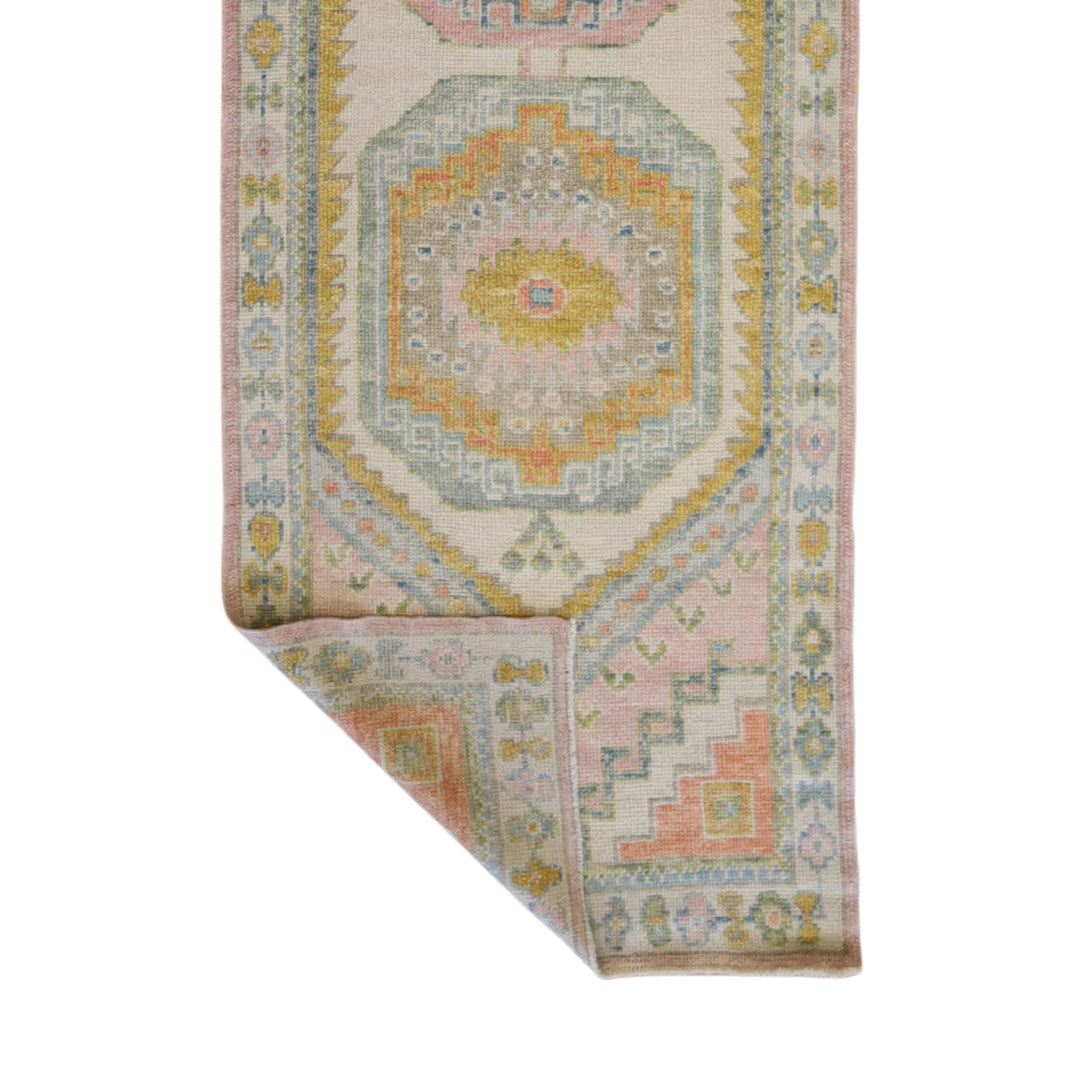 3'3" x 11'3" PINK AND BEIGE OUSHAK GEOMETRIC TURKISH RUG