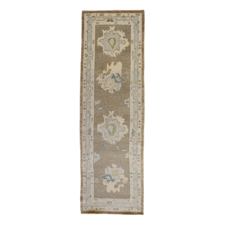 3'2" x 10'3" GRAY AND IVORY OUSHAK GEOMETRIC TURKISH RUG