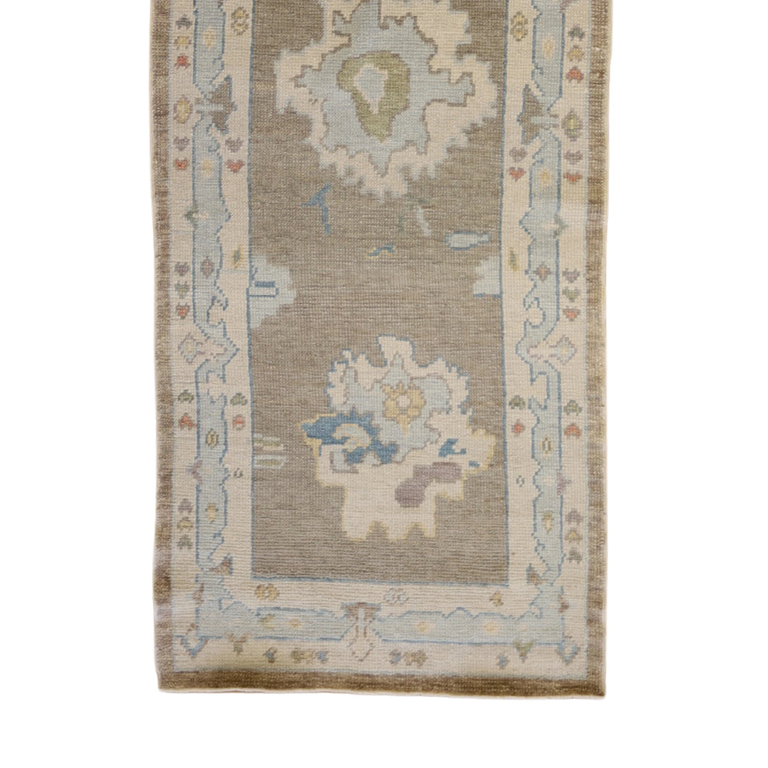 3'2" x 10'3" GRAY AND IVORY OUSHAK GEOMETRIC TURKISH RUG