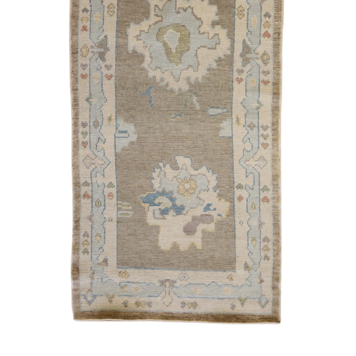 3'2" x 10'3" GRAY AND IVORY OUSHAK GEOMETRIC TURKISH RUG