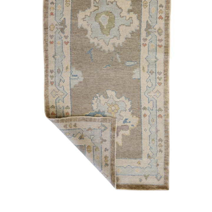 3'2" x 10'3" GRAY AND IVORY OUSHAK GEOMETRIC TURKISH RUG