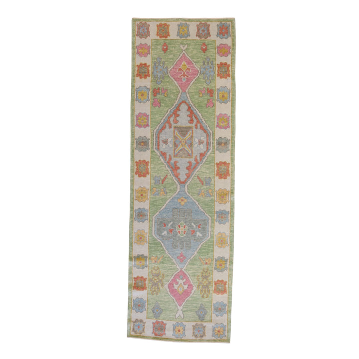 3'2" x 9'9" GREEN AND BLUE OUSHAK GEOMETRIC TURKISH RUG