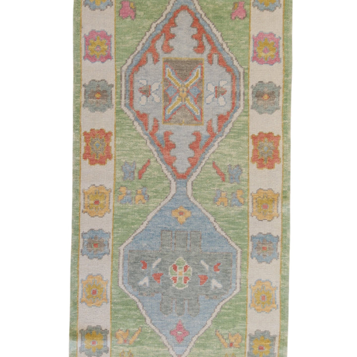 3'2" x 9'9" GREEN AND BLUE OUSHAK GEOMETRIC TURKISH RUG
