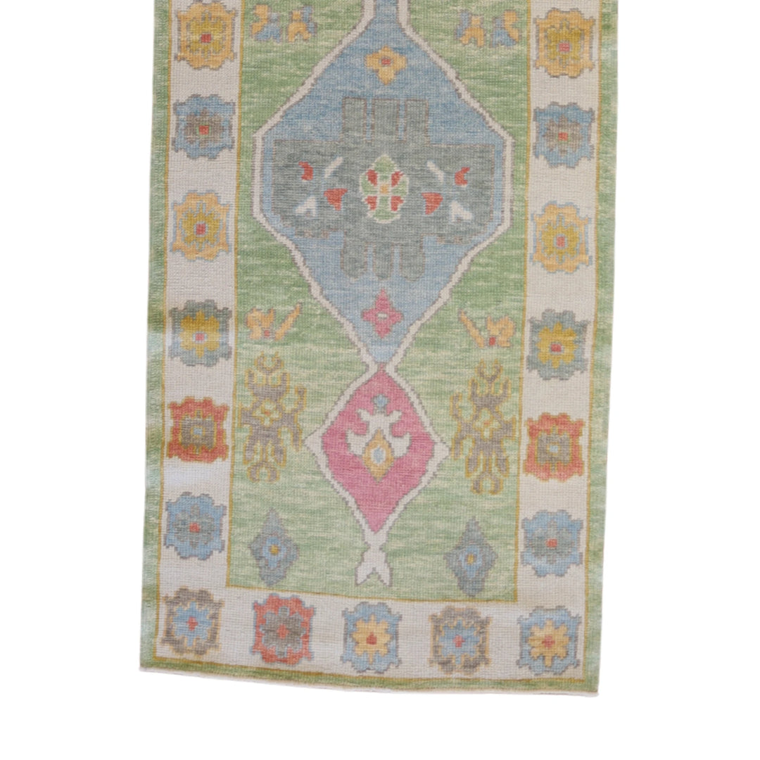 3'2" x 9'9" GREEN AND BLUE OUSHAK GEOMETRIC TURKISH RUG