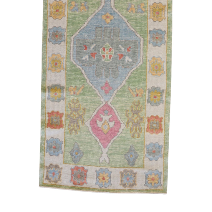 3'2" x 9'9" GREEN AND BLUE OUSHAK GEOMETRIC TURKISH RUG