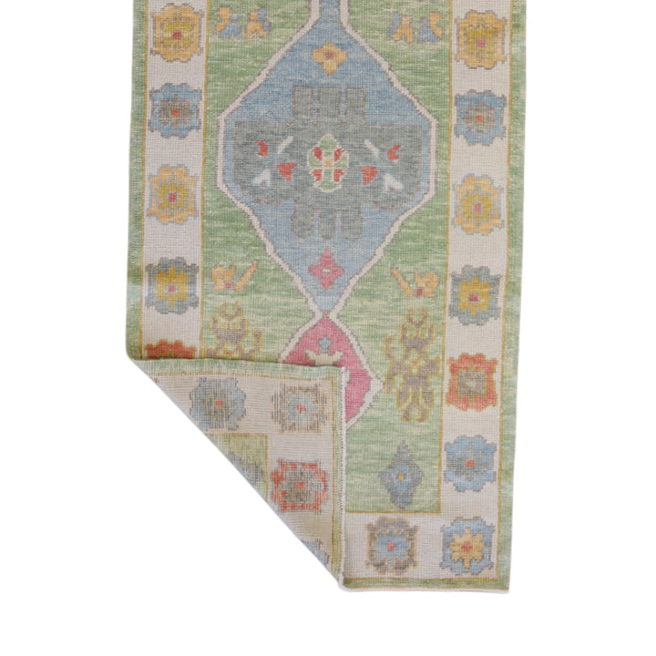 3'2" x 9'9" GREEN AND BLUE OUSHAK GEOMETRIC TURKISH RUG