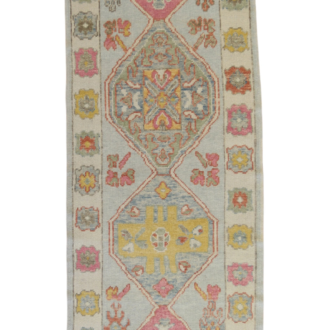 3'1" x 8'4" BLUE AND IVORY OUSHAK GEOMETRIC TURKISH RUG