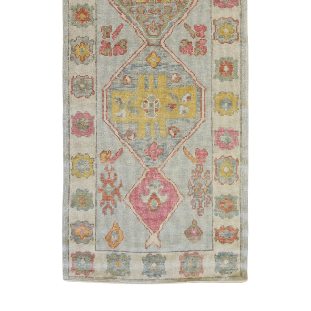 3'1" x 8'4" BLUE AND IVORY OUSHAK GEOMETRIC TURKISH RUG