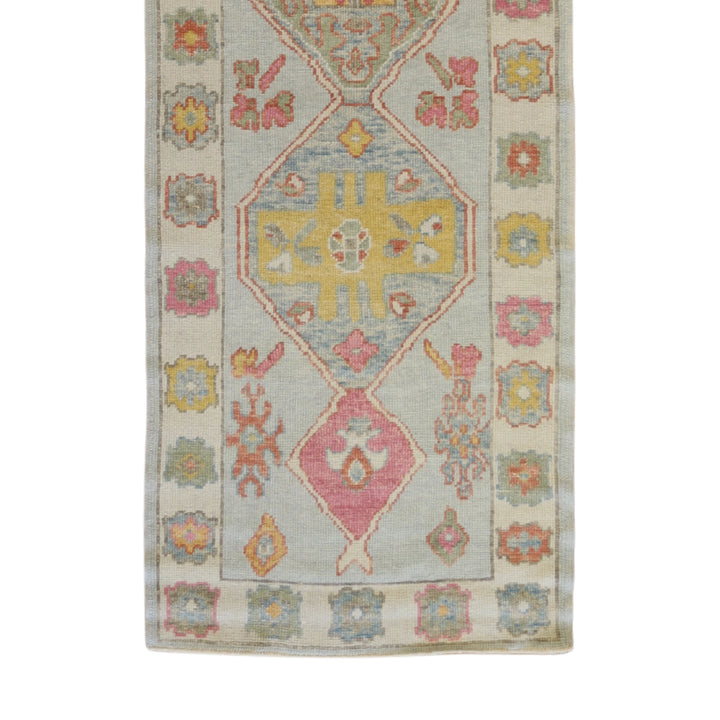 3'1" x 8'4" BLUE AND IVORY OUSHAK GEOMETRIC TURKISH RUG