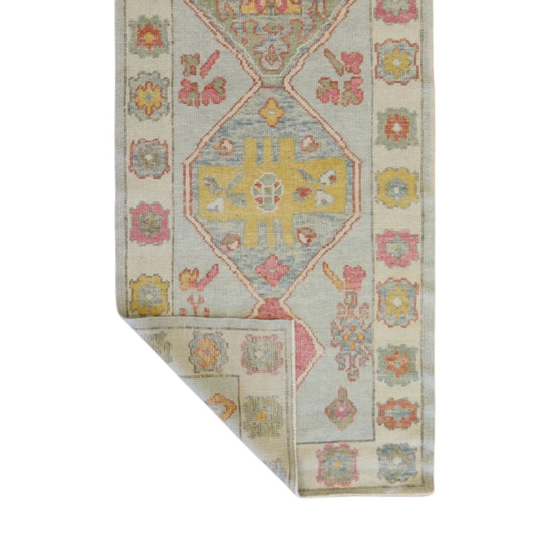 3'1" x 8'4" BLUE AND IVORY OUSHAK GEOMETRIC TURKISH RUG