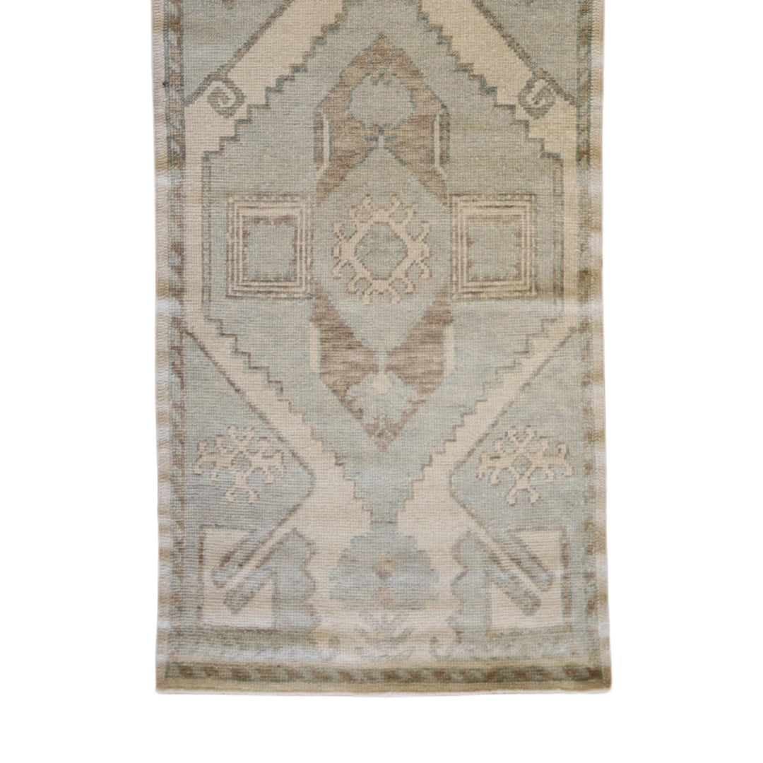 3'0" x 10'5" TAN AND BLUE OUSHAK GEOMETRIC TURKISH RUG