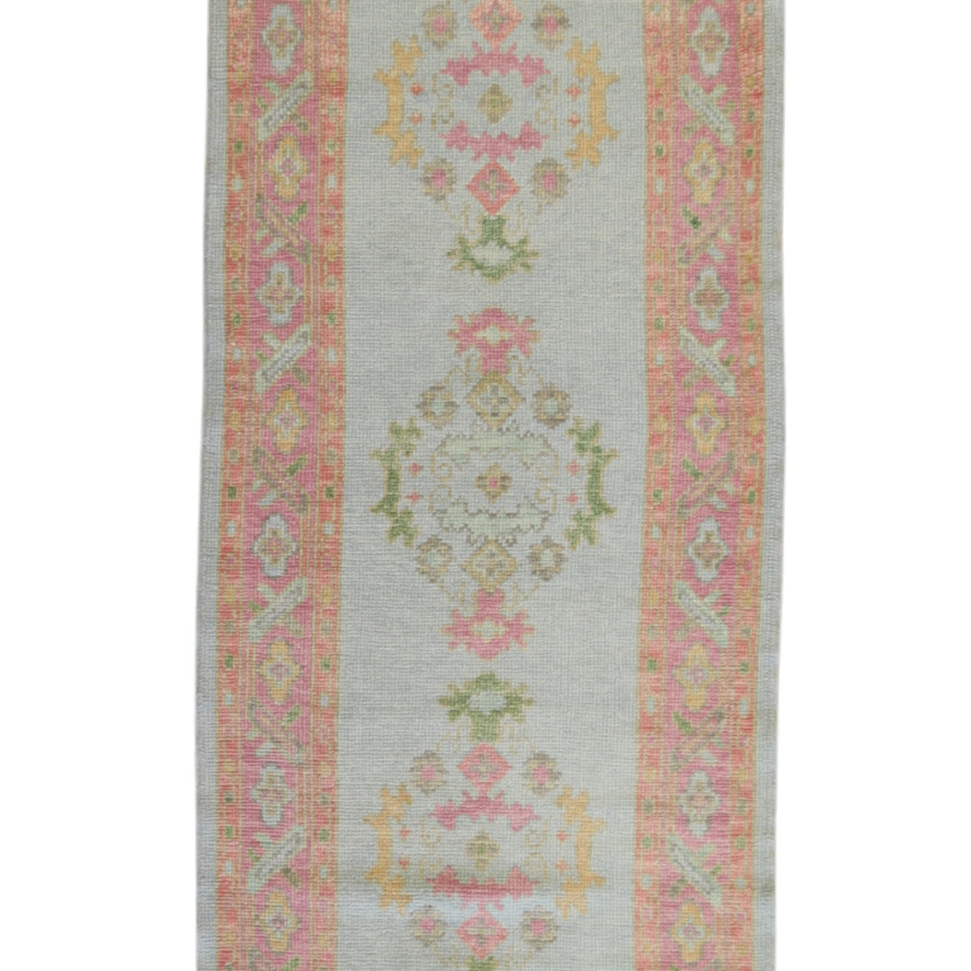 3'1" x 8'6" BLUE AND PINK OUSHAK GEOMETRIC TURKISH RUG