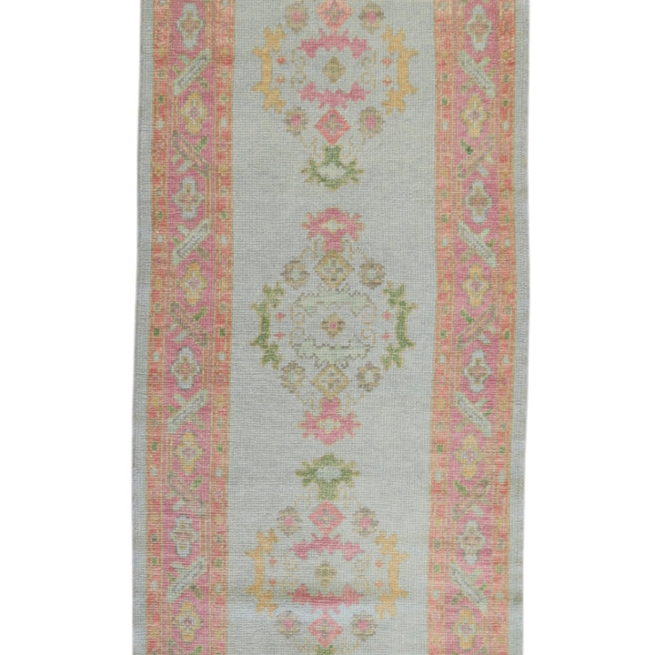 3'1" x 8'6" BLUE AND PINK OUSHAK GEOMETRIC TURKISH RUG