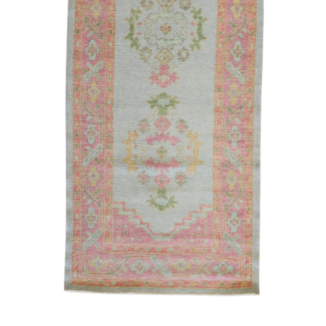 3'1" x 8'6" BLUE AND PINK OUSHAK GEOMETRIC TURKISH RUG