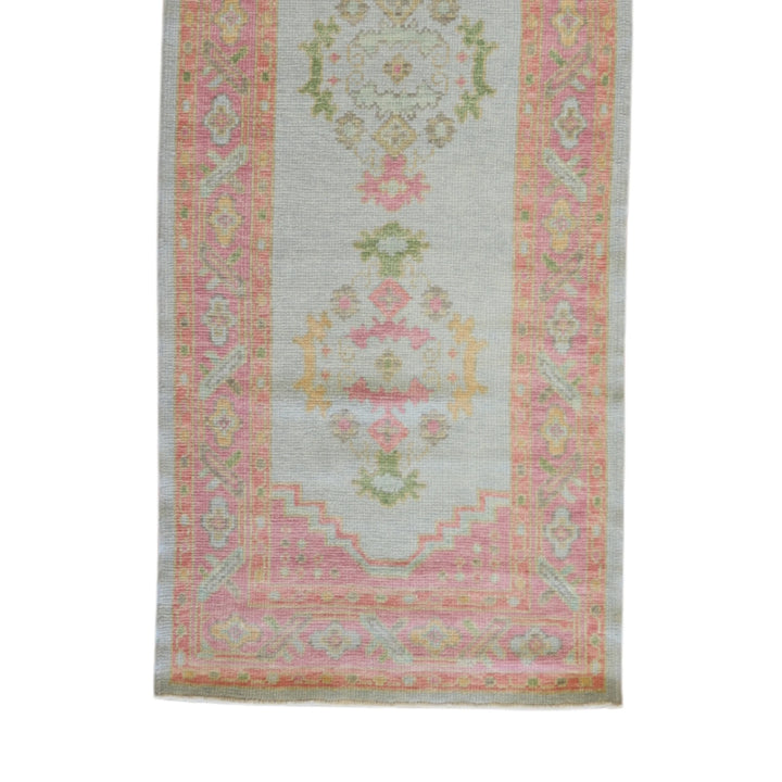 3'1" x 8'6" BLUE AND PINK OUSHAK GEOMETRIC TURKISH RUG
