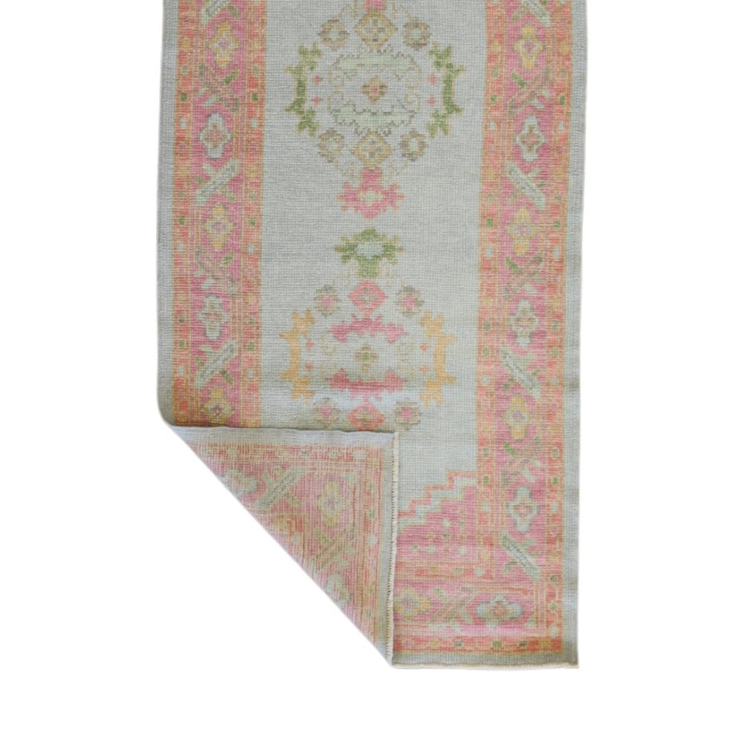 3'1" x 8'6" BLUE AND PINK OUSHAK GEOMETRIC TURKISH RUG