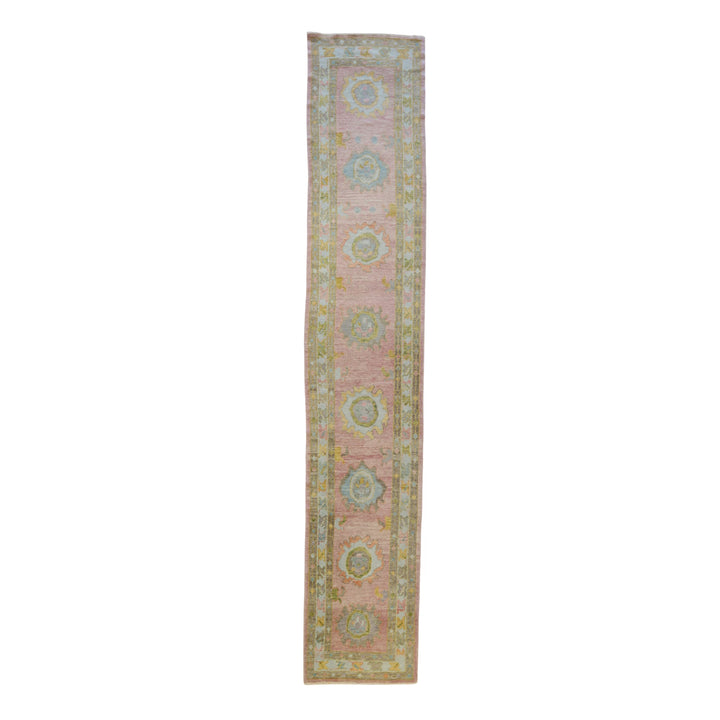 3'1" x 17'1" PINK AND BLUE OUSHAK GEOMETRIC TURKISH RUG