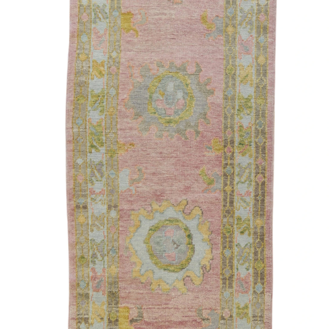 3'1" x 17'1" PINK AND BLUE OUSHAK GEOMETRIC TURKISH RUG