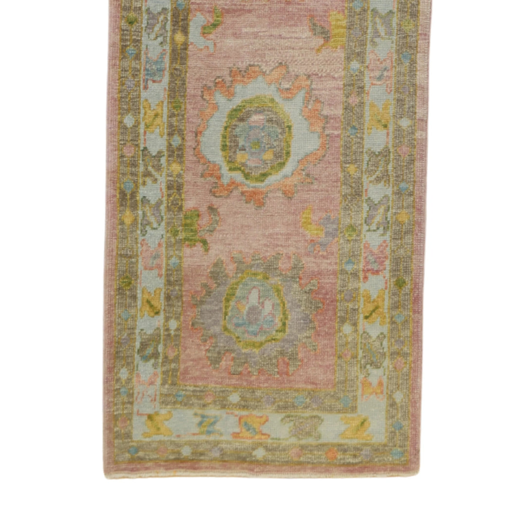 3'1" x 17'1" PINK AND BLUE OUSHAK GEOMETRIC TURKISH RUG