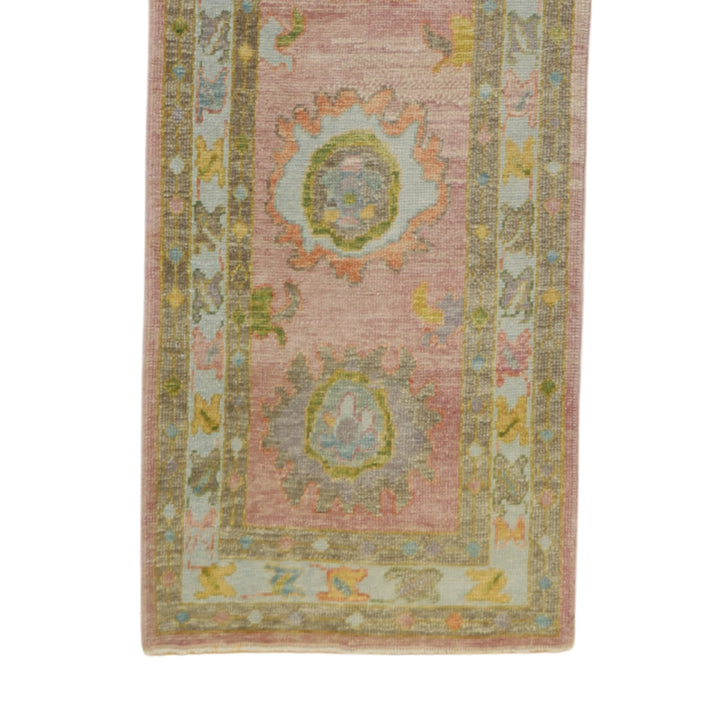 3'1" x 17'1" PINK AND BLUE OUSHAK GEOMETRIC TURKISH RUG