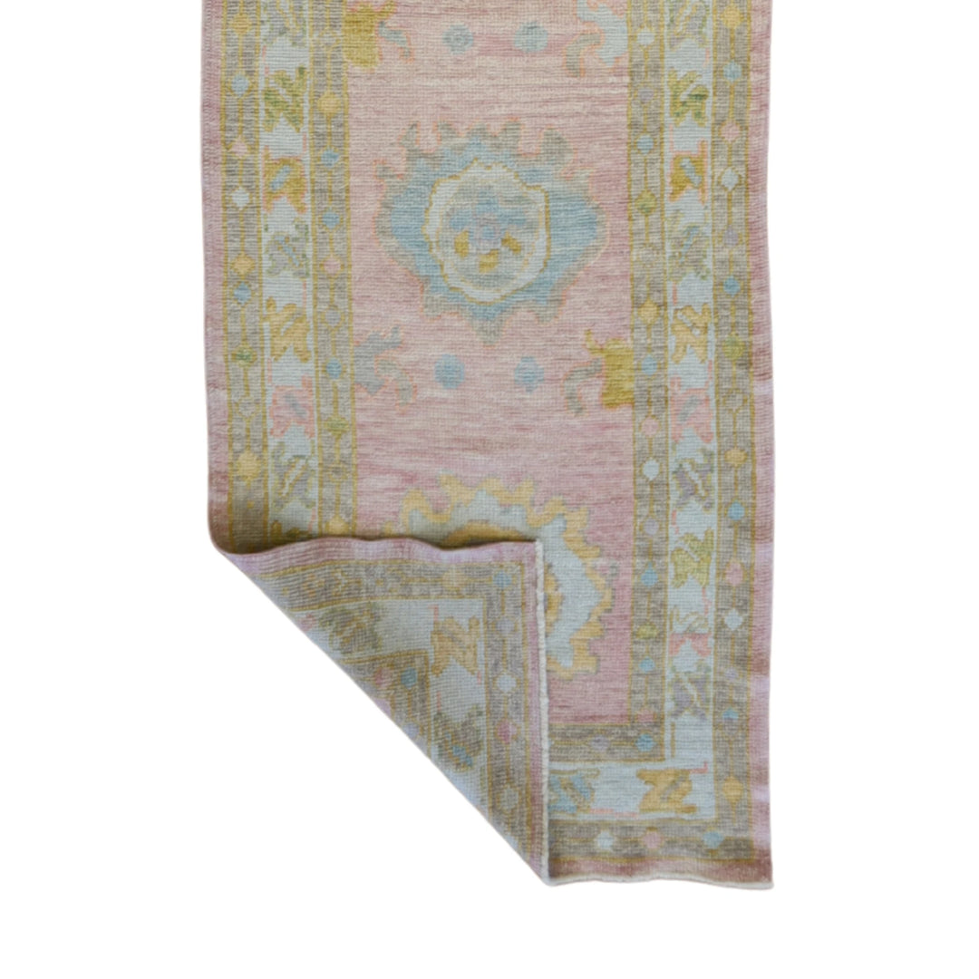 3'1" x 17'1" PINK AND BLUE OUSHAK GEOMETRIC TURKISH RUG