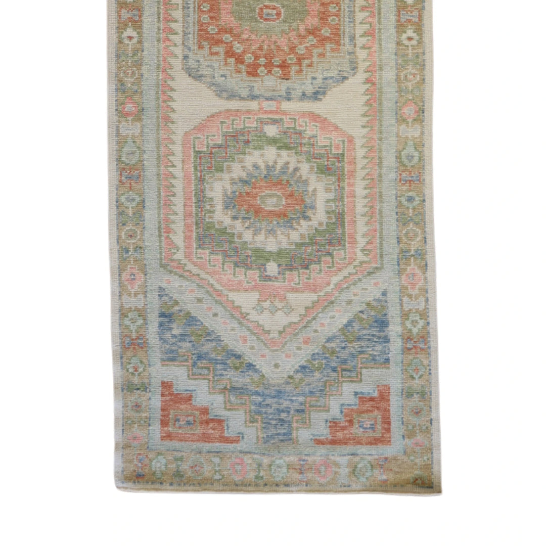 3'4" x 13'9" IVORY AND TAN OUSHAK GEOMETRIC TURKISH RUG
