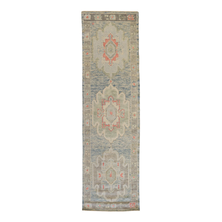 2'11" x 10'4" BLUE AND GRAY OUSHAK GEOMETRIC TURKISH RUG