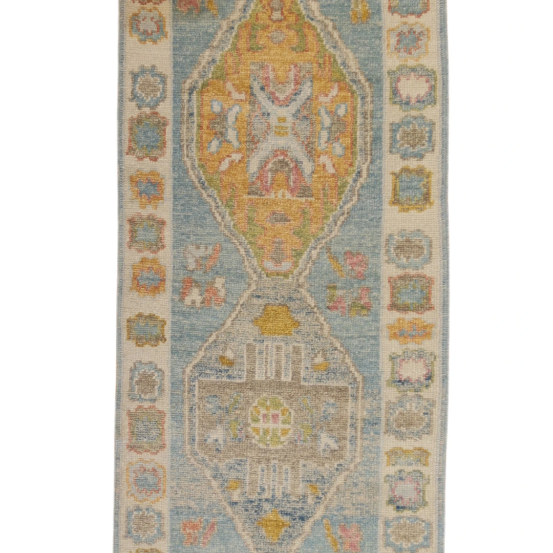 2'8" x 9'3" BLUE AND IVORY OUSHAK GEOMETRIC TURKISH RUG