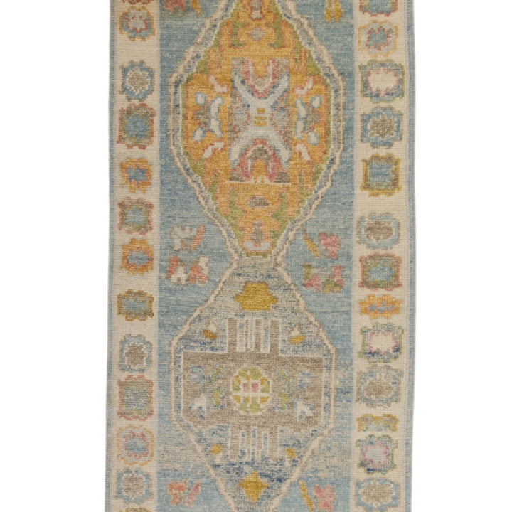 2'8" x 9'3" BLUE AND IVORY OUSHAK GEOMETRIC TURKISH RUG