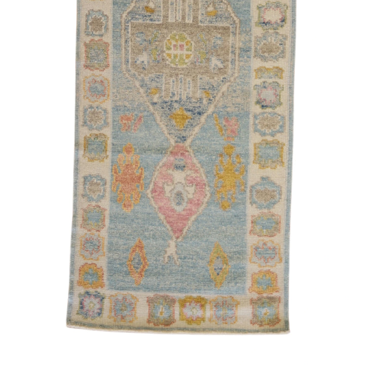 2'8" x 9'3" BLUE AND IVORY OUSHAK GEOMETRIC TURKISH RUG