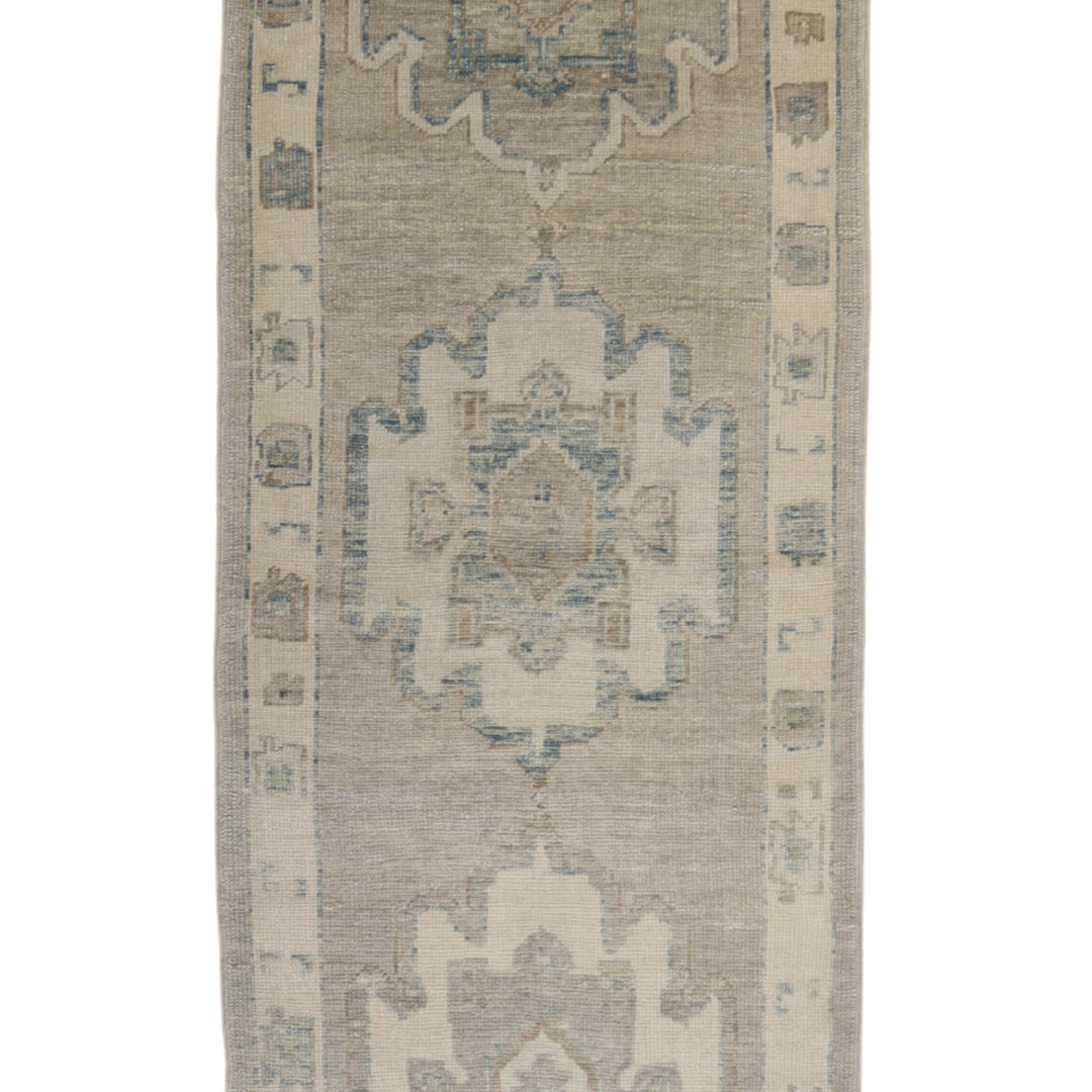 3'3" x 11'3" GRAY AND BEIGE OUSHAK GEOMETRIC TURKISH RUG