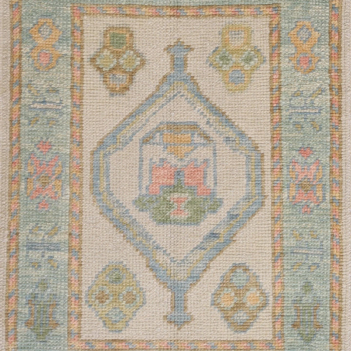 2'0" x 2'10" BEIGE AND BLUE OUSHAK GEOMETRIC TURKISH RUG