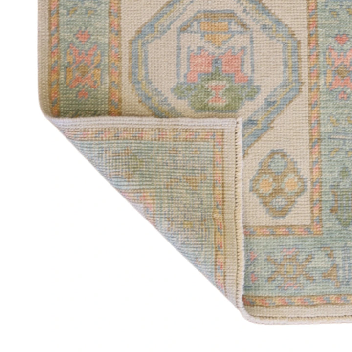 2'0" x 2'10" BEIGE AND BLUE OUSHAK GEOMETRIC TURKISH RUG
