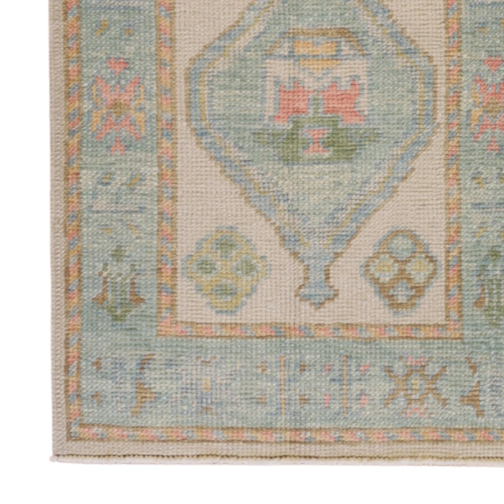 2'0" x 2'11" BEIGE AND TEAL OUSHAK GEOMETRIC TURKISH RUG
