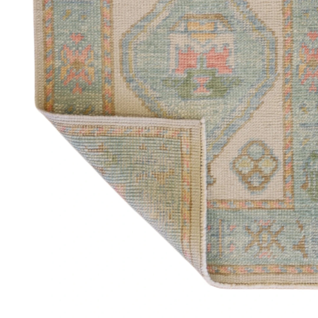 2'0" x 2'11" BEIGE AND TEAL OUSHAK GEOMETRIC TURKISH RUG