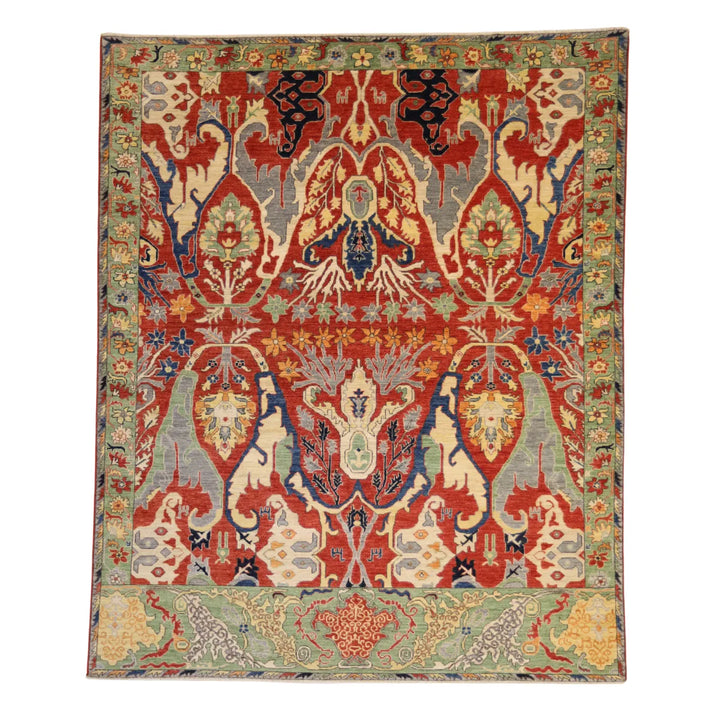 8' 3" x 10' 1" - RED AND GREEN BIJAR GEOMETRIC AFGHANI RUG