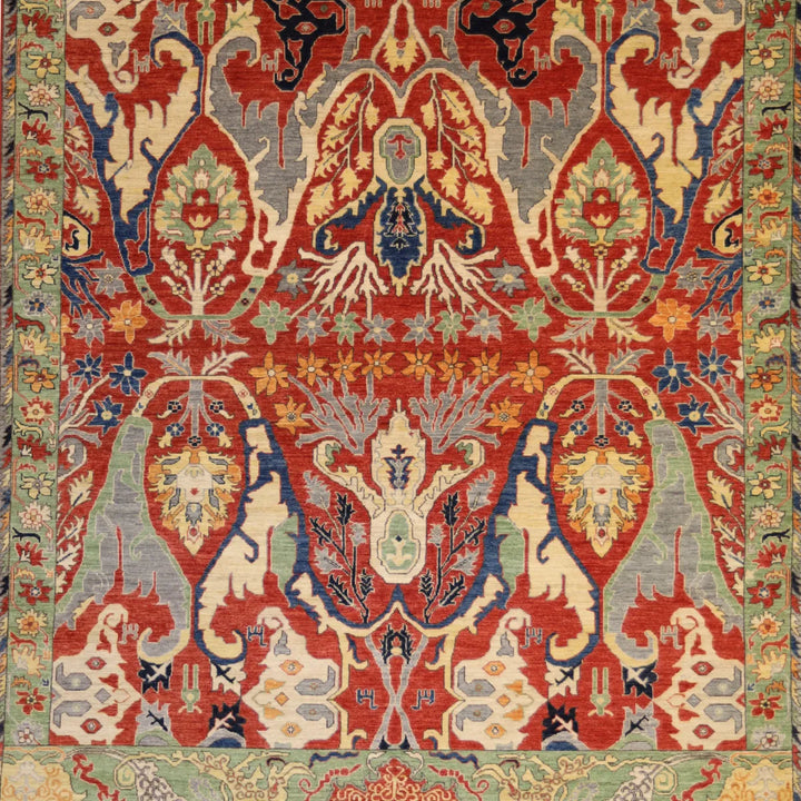 8' 3" x 10' 1" - RED AND GREEN BIJAR GEOMETRIC AFGHANI RUG