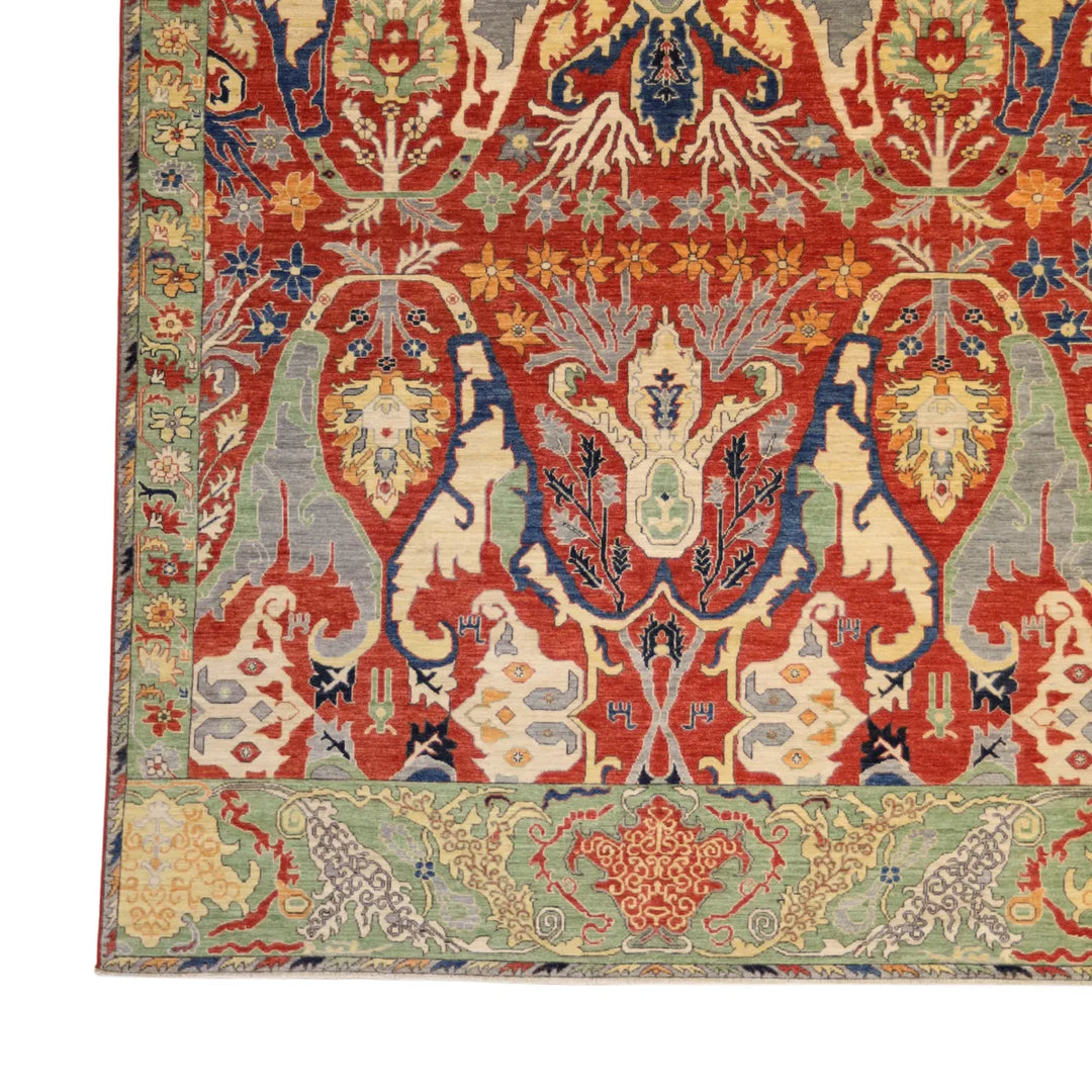 8' 3" x 10' 1" - RED AND GREEN BIJAR GEOMETRIC AFGHANI RUG