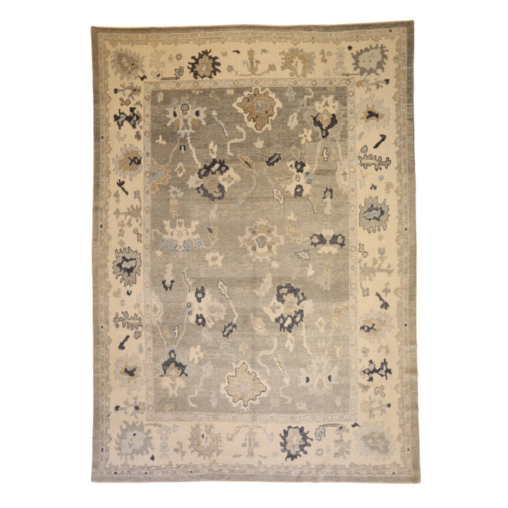 10'   4" x  14'   8" GRAY AND IVORY OUSHAK GEOMETRIC TURKISH RUG