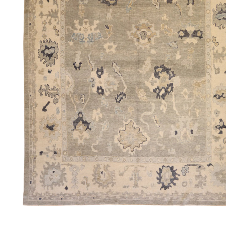 10'   4" x  14'   8" GRAY AND IVORY OUSHAK GEOMETRIC TURKISH RUG