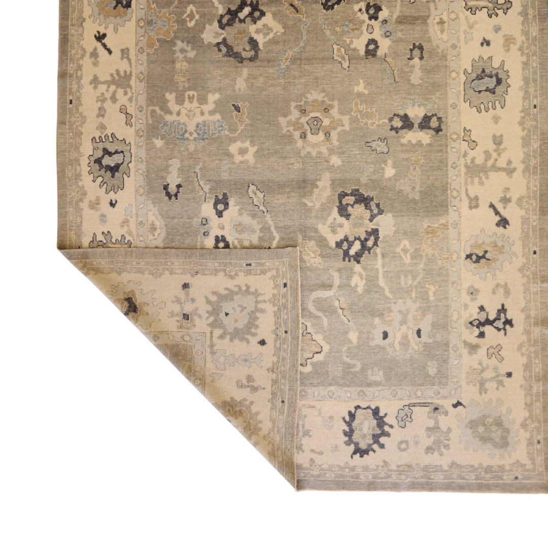 10'   4" x  14'   8" GRAY AND IVORY OUSHAK GEOMETRIC TURKISH RUG